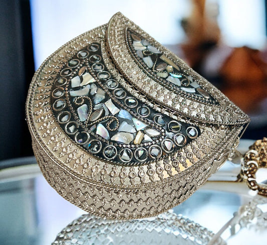 Black & Grey studded stones on Metal Purse