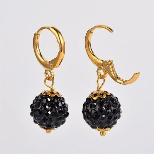 Elegant Jet Austrian Crystal Ball Dangle Black and Gold Earrings