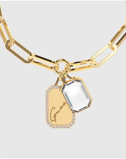 Guess Jewellery 'Crystal Tag' Necklace long chain in gold tone featuring a Gold Tag