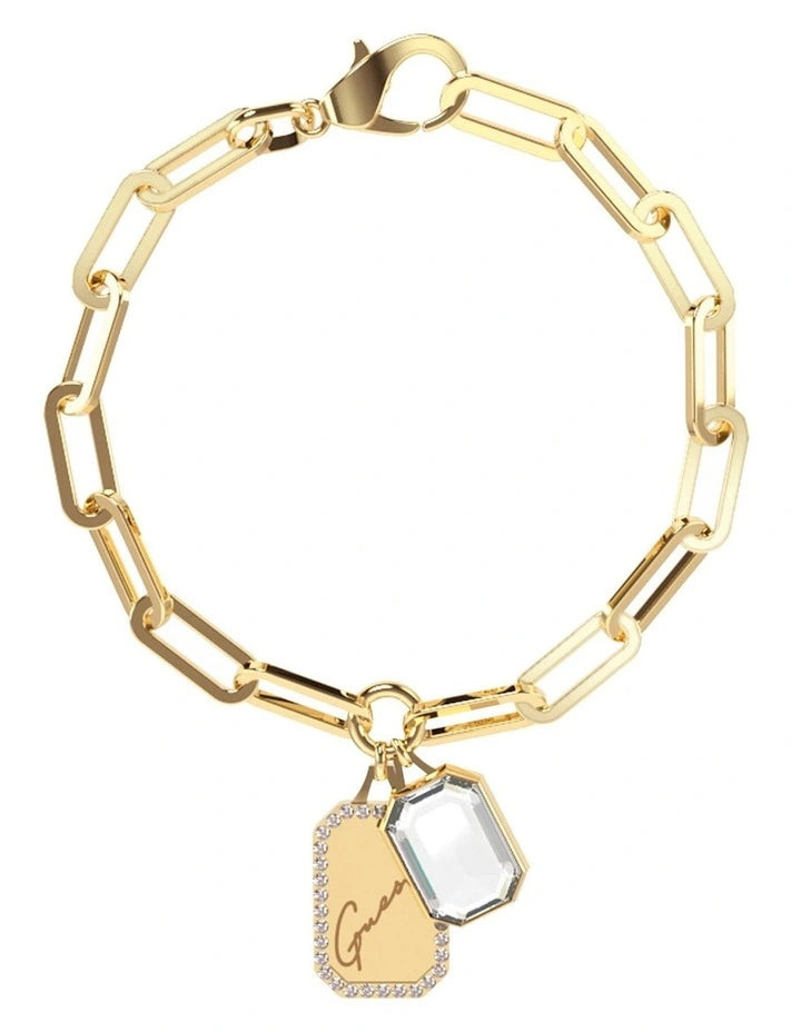 Guess Jewellery 'Crystal Tag' Necklace long chain in gold tone featuring a Gold Tag