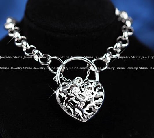 BELCHER CHAIN HEART ANTIQUE PADLOCK WOMENS SOLID LONG NECKLACE