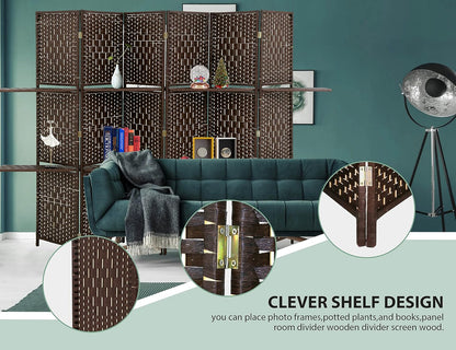 6 Panel Wood Room Dividers with Shelves Folding Privacy Screens Portable Partition Screen