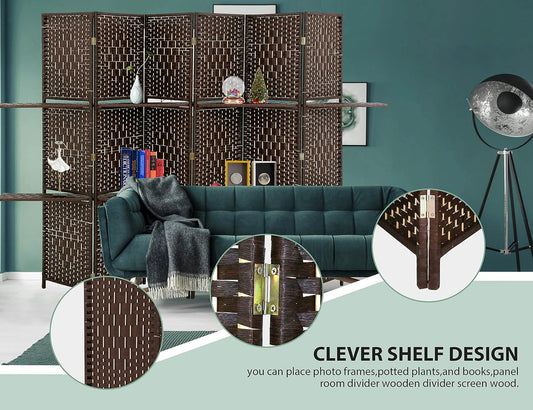6 Panel Wood Room Dividers with Shelves Folding Privacy Screens Portable Partition Screen