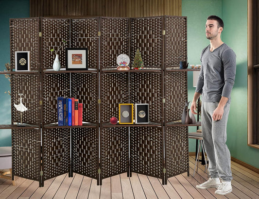 6 Panel Wood Room Dividers with Shelves Folding Privacy Screens Portable Partition Screen