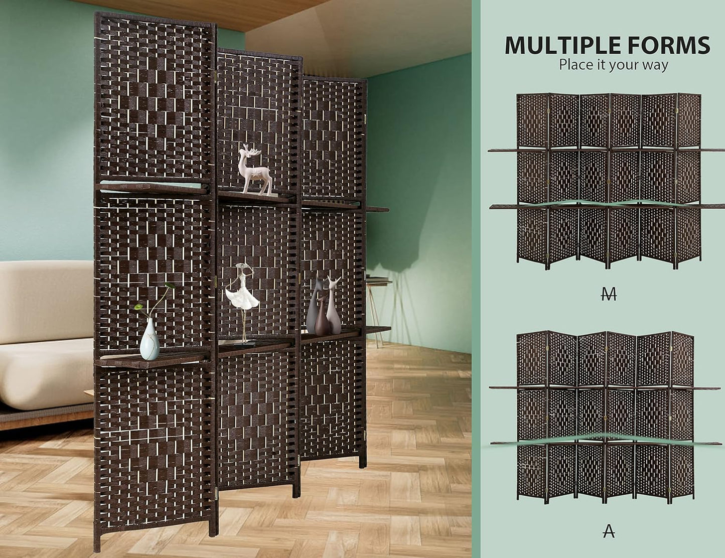 6 Panel Wood Room Dividers with Shelves Folding Privacy Screens Portable Partition Screen
