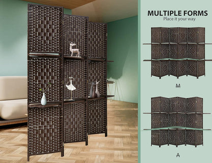 6 Panel Wood Room Dividers with Shelves Folding Privacy Screens Portable Partition Screen
