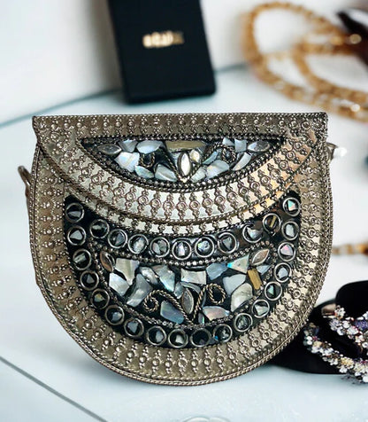 Black & Grey studded stones on Metal Purse