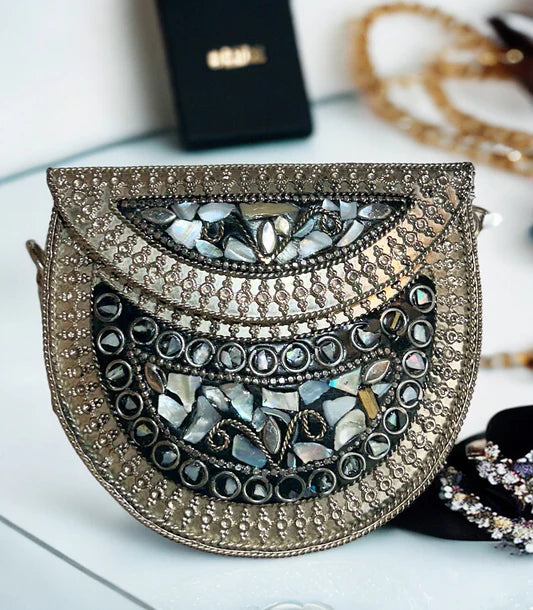Black & Grey studded stones on Metal Purse
