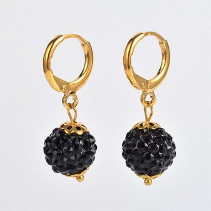 Elegant Jet Austrian Crystal Ball Dangle Black and Gold Earrings