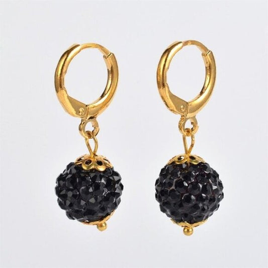 Elegant Jet Austrian Crystal Ball Dangle Black and Gold Earrings