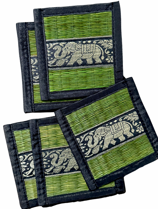 Elegant Thai Coasters Place Set 6 Piece with Elephant Pattern Gold